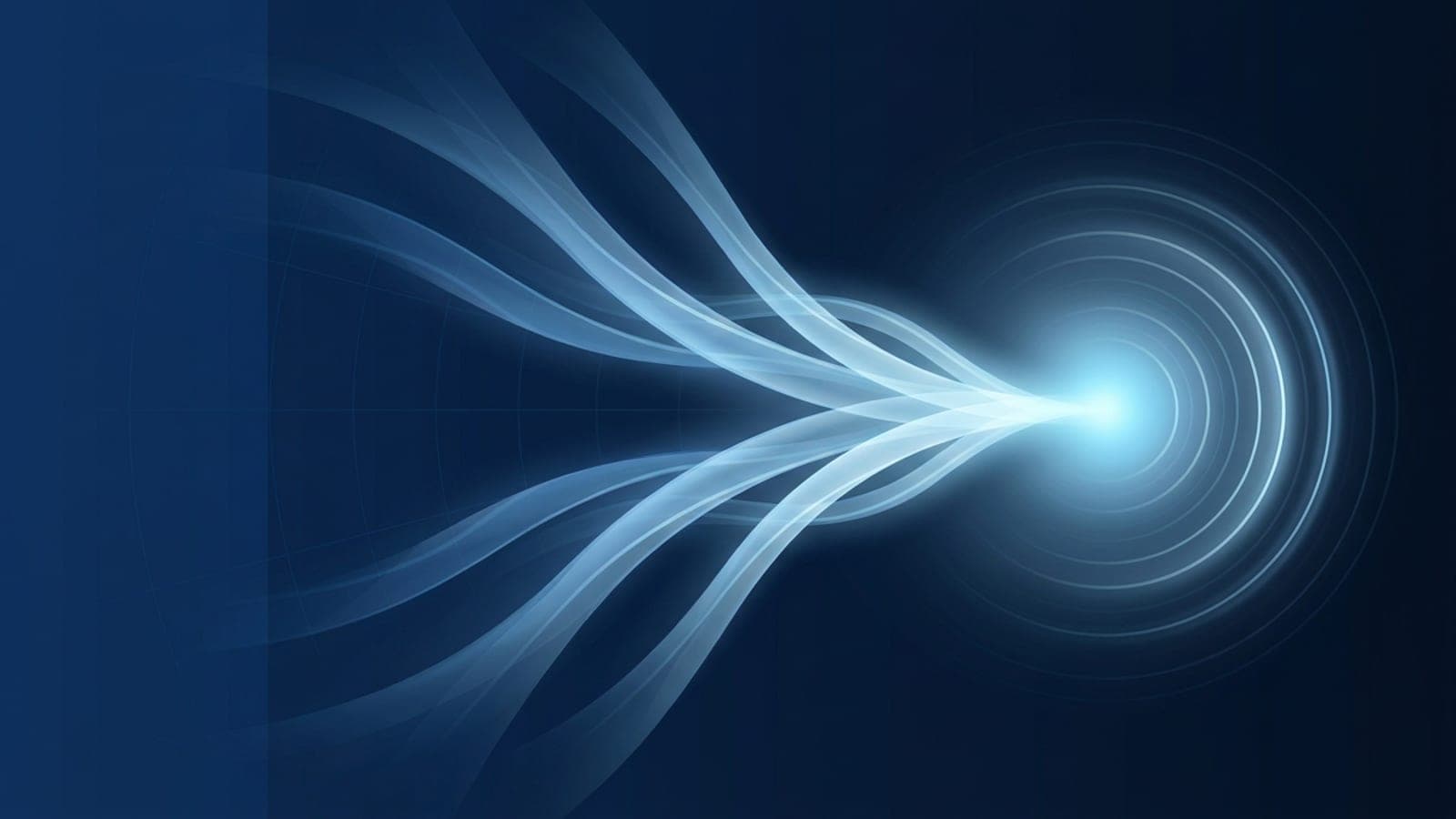 Abstract navy composition of flowing light-streams converging into a single bright ice-blue focal point ringed with light