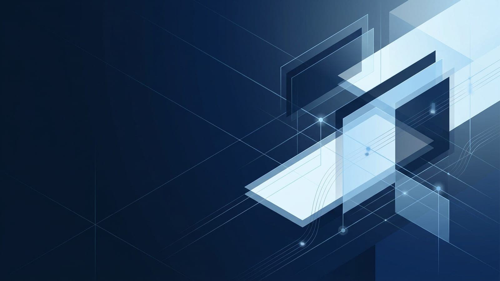 Abstract navy composition of layered translucent panels and a forward-pointing arrow form, crossed by fine ice-blue data lines and glowing nodes, with calm negative space on the left