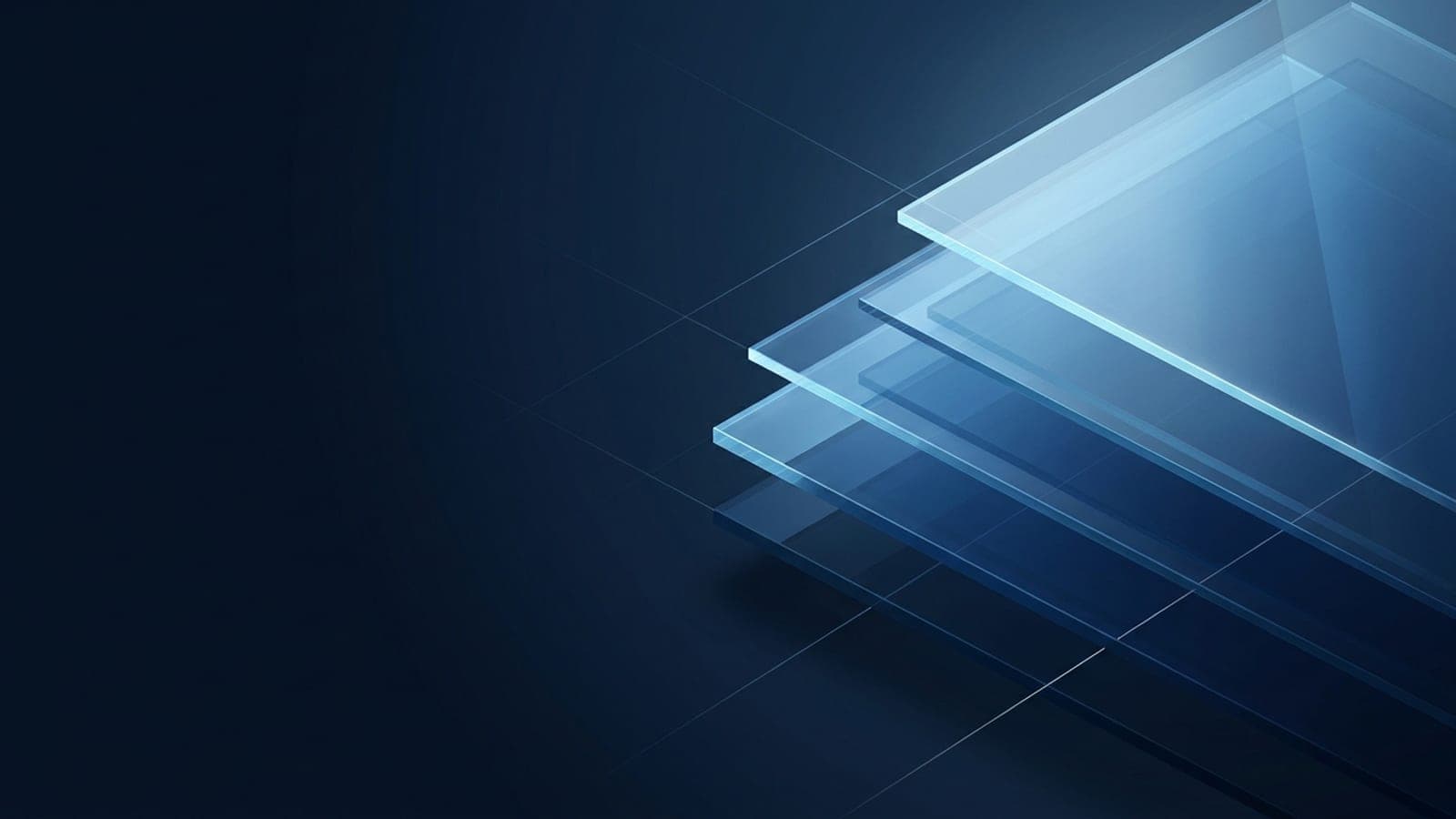 Abstract navy composition of translucent glass-like planes stacked with depth and lit from one side, suggesting layered authority