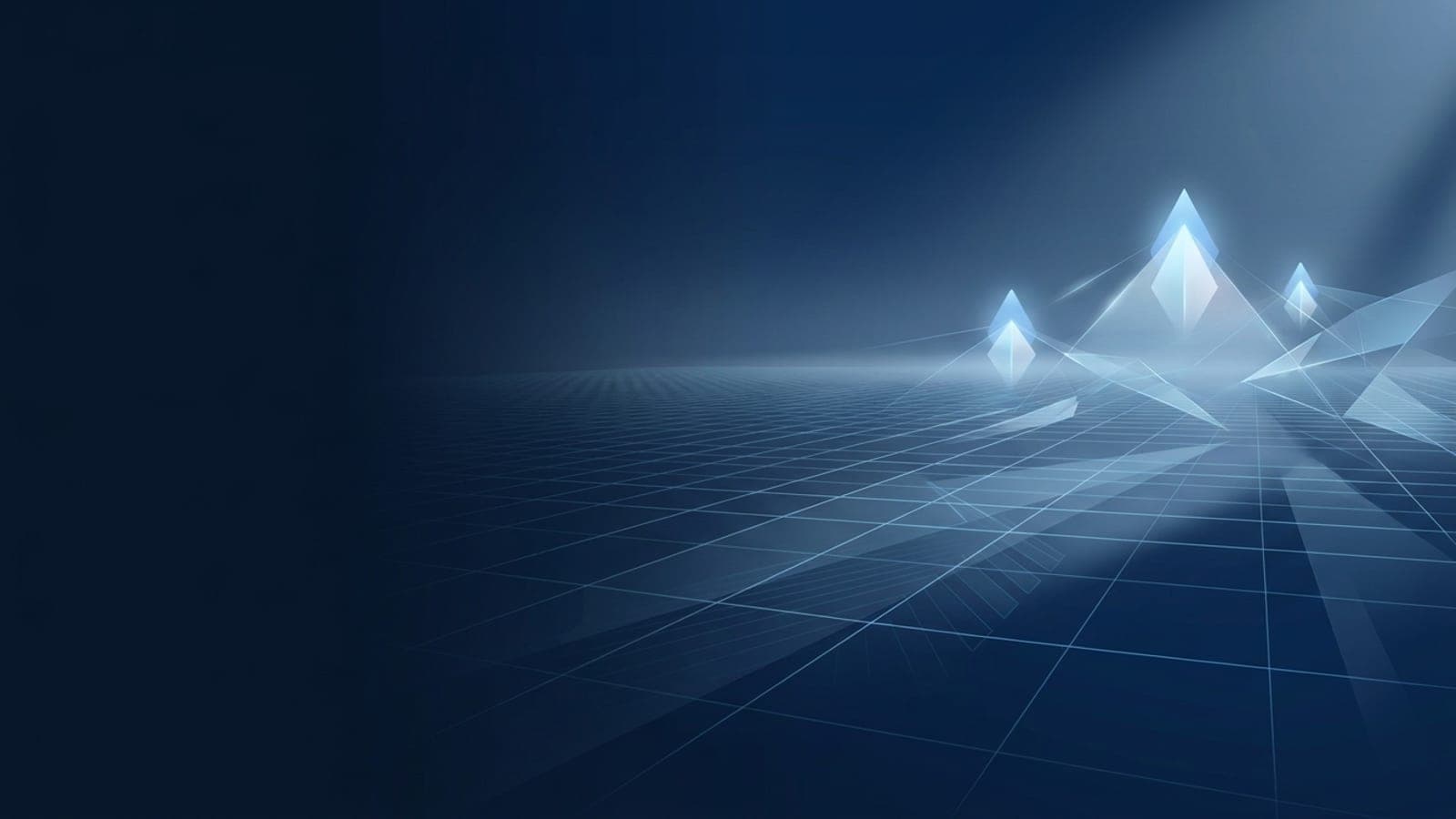 Abstract navy data-grid receding to a horizon with luminous ice-blue peaks rising above it, suggesting a wider macro field