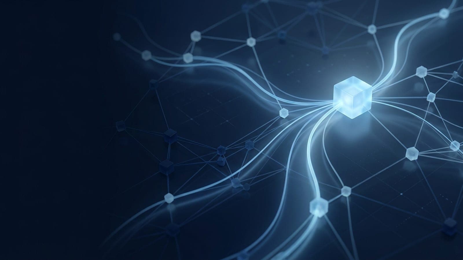 Abstract navy intelligence network with one bright ice-blue focal node that connections converge toward, evoking a firm being surfaced by AI